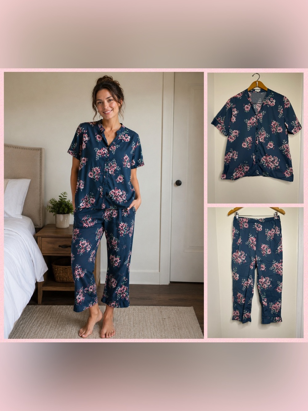 Garnet Hill Organic Pima Cotton Pajamas Blue Pink Floral Top & Bottoms Medium